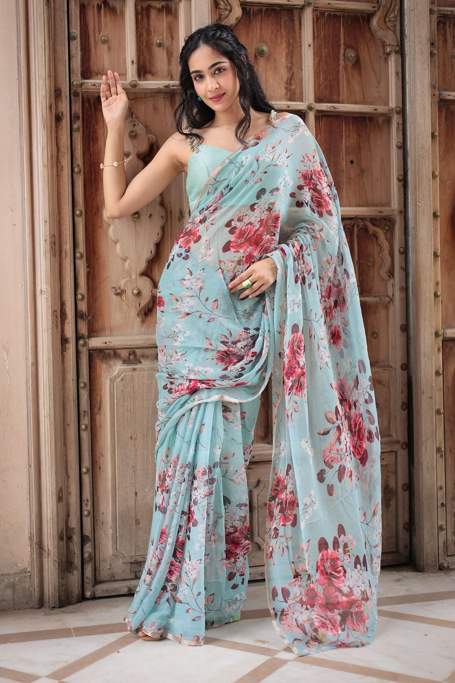 Floral Printed Chiffon Saree blue